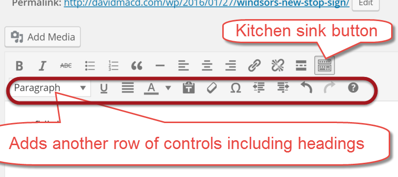 screen shot of the TinyEMC editor kitch sink button and the second row of coommands that appear, including the headings list